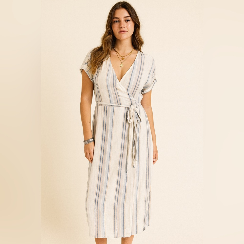 The Line Of Style | Boho Striped Wrap Mini Dress | Gold Metallic Detail | Medium